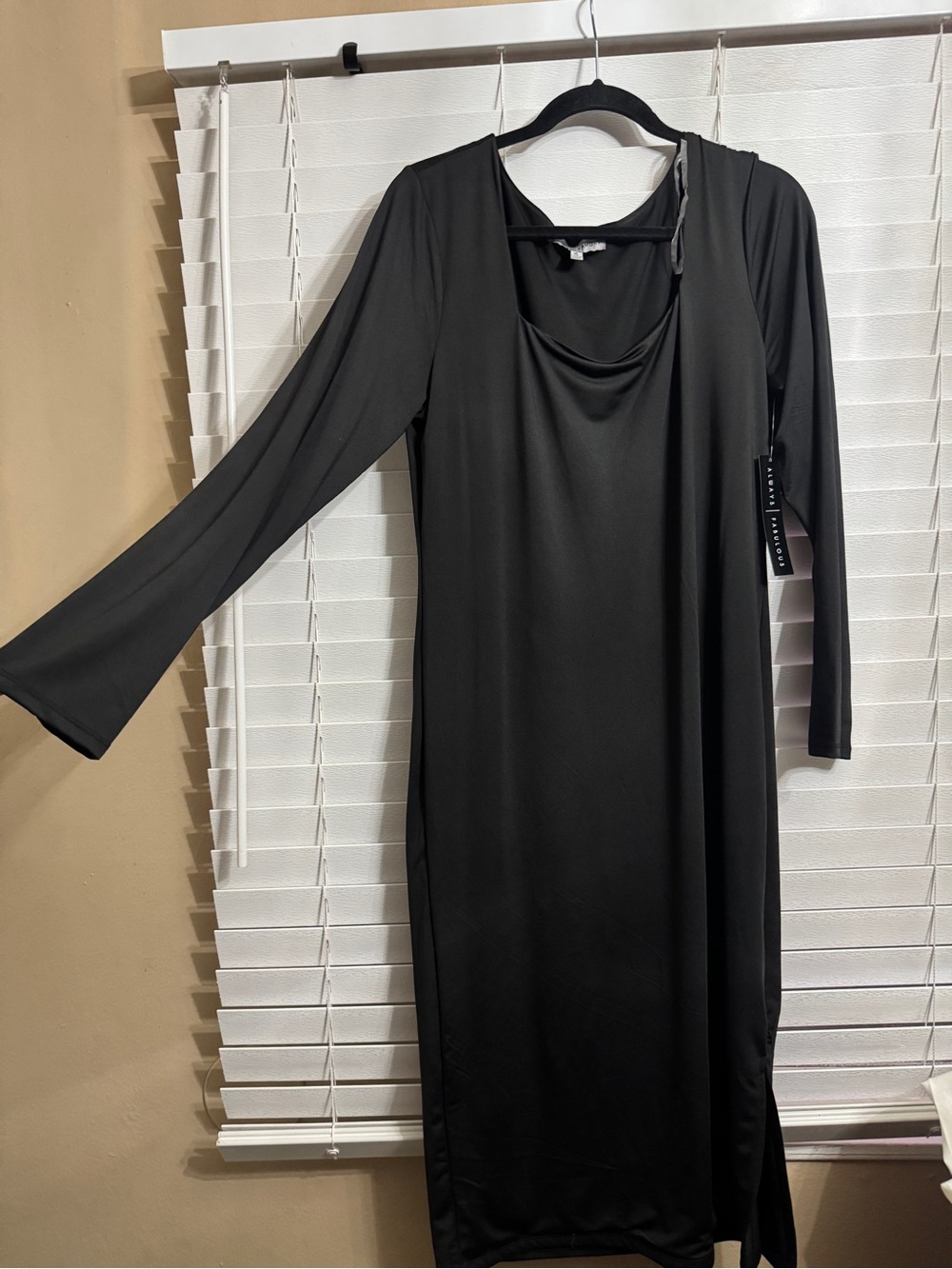 Absolutely Famous Black Long-Sleeve Draped Neck Midi Dress